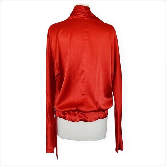 Yoyo Yeung Rust Red Stretch Silk Drawstring Sash Tie Waist Blouson Blouse Top M - Picture 3 of 5